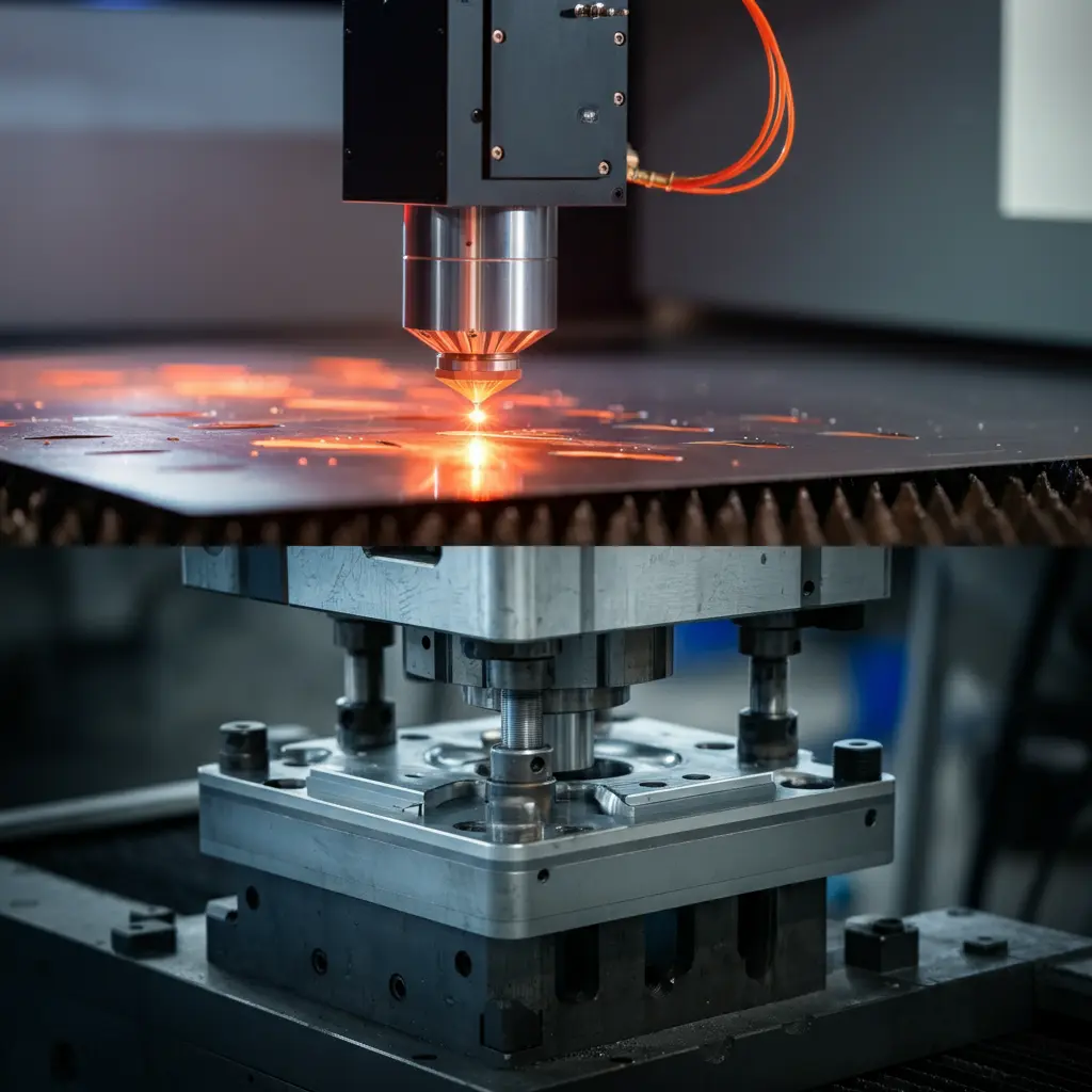 Dynamic cover image for the blog post 'From Prototype to Production: Choosing Between Laser Cutting and Stamping,' featuring a glowing laser beam cutting through metal on one side and a powerful stamping press in action on the other. The design uses vibrant blue and orange contrasts with metallic textures for a modern industrial aesthetic.