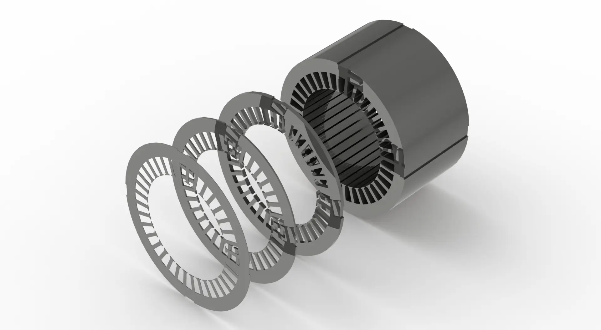 depiction of custom motor laminations, featuring circular and arc-shaped components with radial slots, arranged neatly to highlight precision and engineering quality.