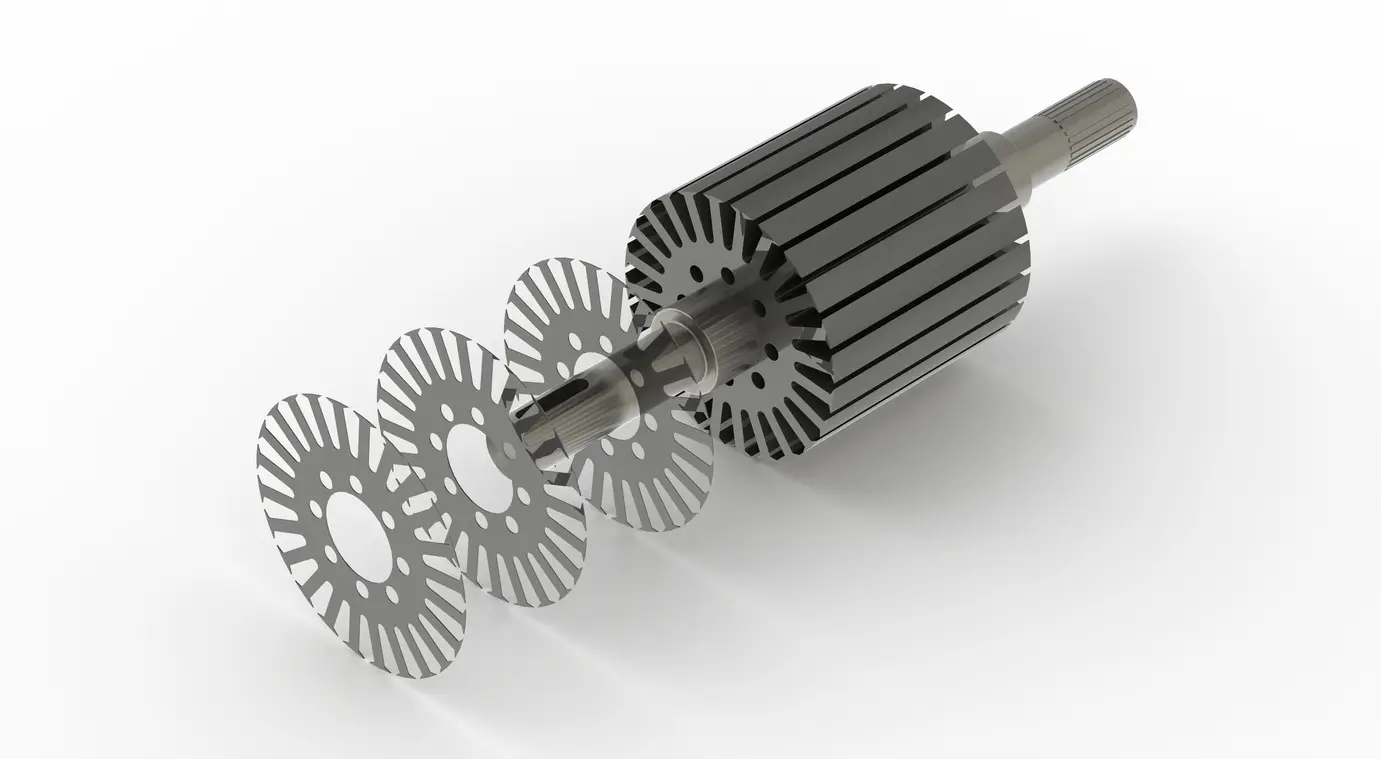 Exploded view of a laminated rotor core assembly showing individual rotor laminations stacking onto a motor shaft