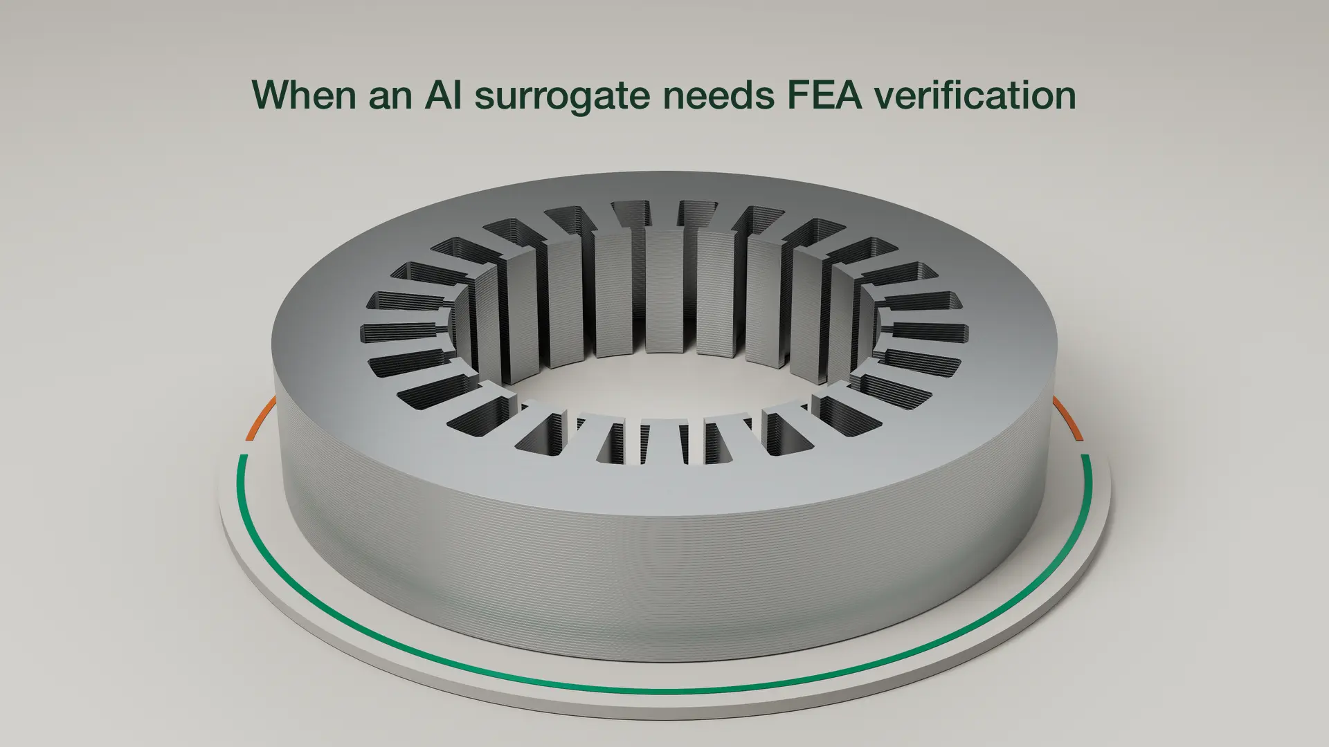 Rendered electrical-steel stator lamination stack illustrating AI surrogate FEA verification.