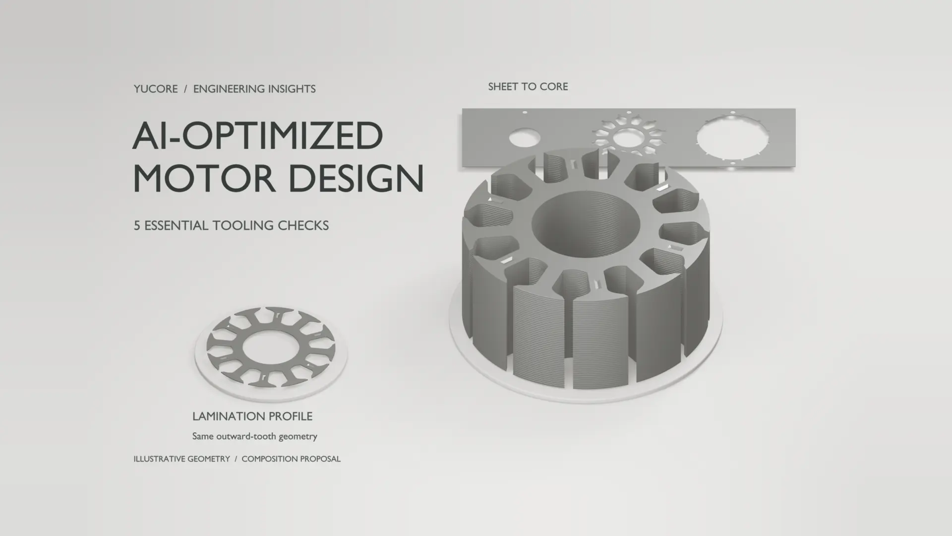Conceptual 12-tooth motor stator stack with a separate lamination inset and sheet-stamping motif.