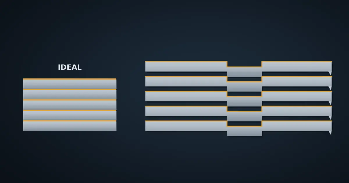 Illustrative cross-section of a rectangular half-shear interlocked lamination stack beside an ideal flat stack, showing air gaps and edge burrs that add stack height without adding steel.