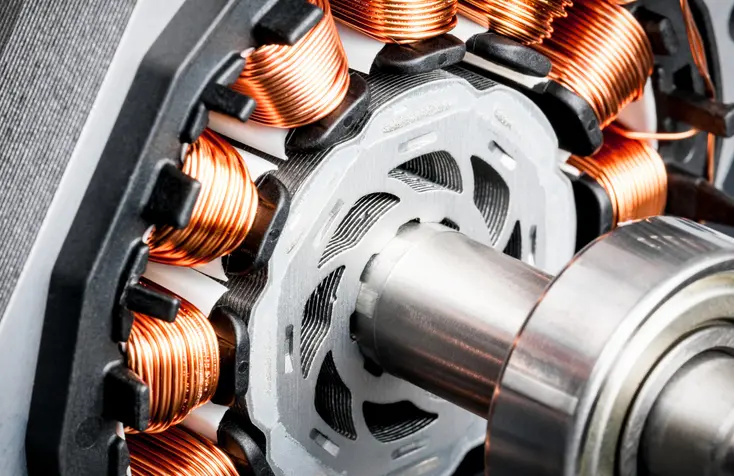 Electric motor interior with copper windings, a laminated metal core and central shaft.
