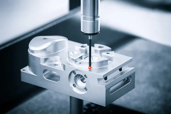 Ruby-tipped measurement probe inspecting a machined metal component.